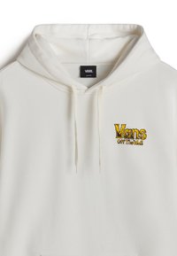 Witte hoodie gemaakt van zacht materiaal met een voorste kangoeroezak. Heeft een gele geborduurde "Vans" logo met daaronder "Off The Wall".
