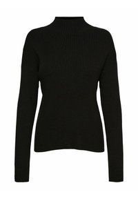 Pull en maille côtes noires avec un col montant et des manches longues, présentant un corsage ajusté et une texture douce.