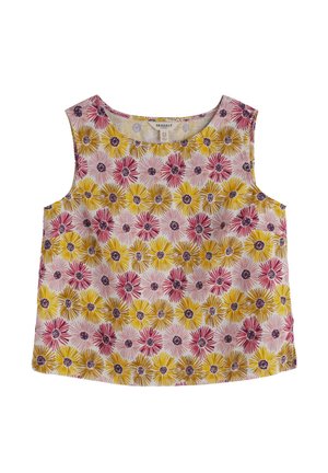 Top corto sin mangas con escote redondo, cubierto con un patrón de flores de margarita en rosa, amarillo y púrpura sobre un fondo claro.