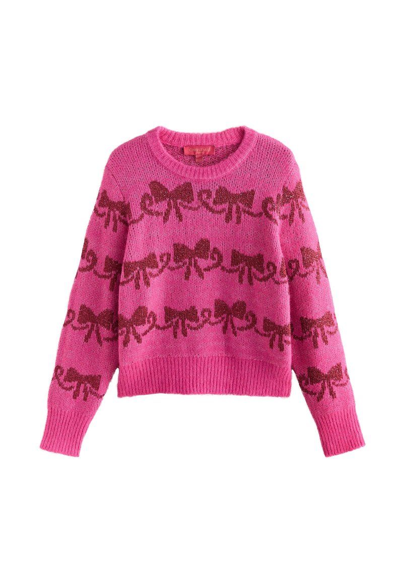 Suéter de punto rosa con un patrón repetido de lazo marrón, cuello redondo y puños y dobladillo acanalados. Textura suave y diseño corto.