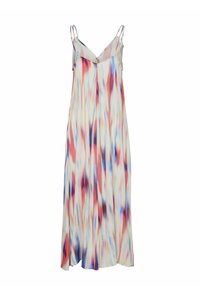 Maxiklänning i lättviktig tyg med ett färgglattAbstract-mönster i rött, blått och krämfärgat. Den har tunna justerbara band och en V-ringning.