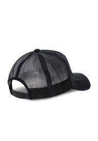 Black baseball cap with a solid front panel and mesh back. Features a curved brim and adjustable snap closure at the back.