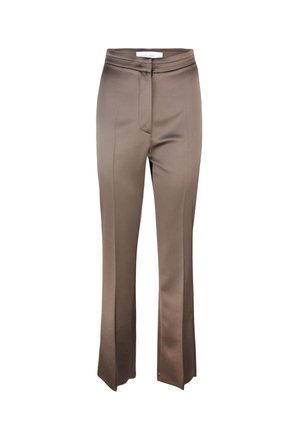 Pantaloni in satin marrone con vestibilità su misura, fronte piatto e una leggera lucentezza. Presentano una vita a media altezza e una lunghezza svasata.