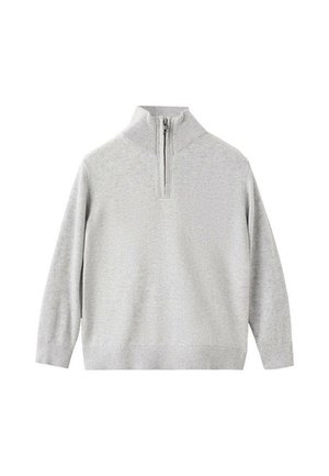 Pull-over gris clair avec un col montant côtelé et une fermeture éclair sur un quart. Texture en maille douce et manches longues, finition avec un ourlet côtelé.