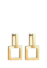 Boucles d'oreilles dorées avec un design de pendentif rectangulaire, accents carrés ouverts, finition lisse et look moderne et épuré.