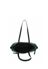 Sac en cuir turquoise avec une fermeture éclair noire, doté d'un intérieur spacieux doublé de rayures verticales et de poignées noires robustes pour un transport facile.