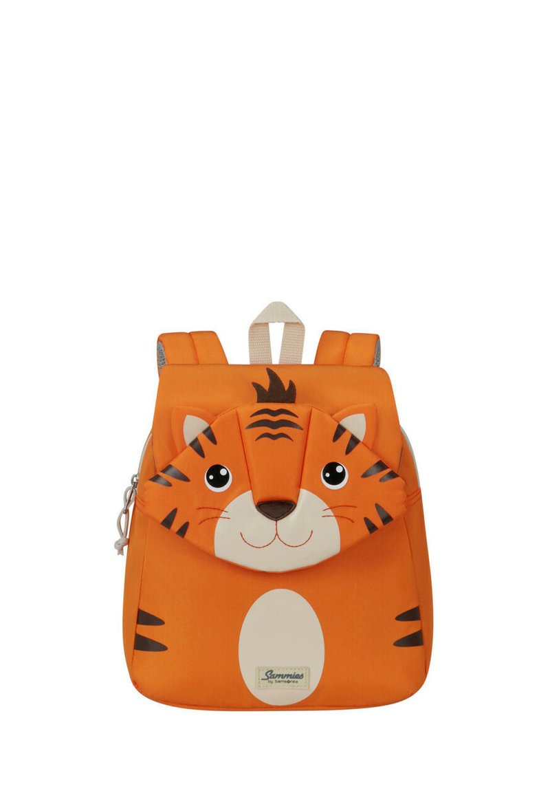 Mochila temática de tigre naranja con un frente acolchado, cara de dibujo animado y correas ajustables. Incluye elementos decorativos como garras y detalles de bigotes.