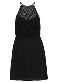 Musta mekko, jossa on niskan takaa sidottu malli ja teksturoitu pitsikappale, jossa on geometrisia kuvioita. Tyylikäs, valuva hame.