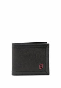 Schwarze Lederbörse mit strukturiertem Finish, ausgestattet mit einem roten Logo, genähten Akzenten und einem zweigeteilten Design für einfachen Zugriff.