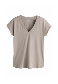 Lühikeste varrukatega helebeež V-kaelusega t-särk pehmest puuvillasegust kangast ja lõdva lõikega, millel on kaela ümber peened õmblused.