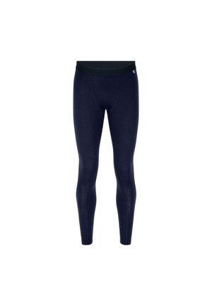 Donkerblauwe legging gemaakt van zacht, rekbaar materiaal. Voorzien van een zwarte tailleband en een strakke pasvorm langs de benen. Minimalistisch ontwerp.