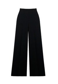 Pantalons larges noirs avec une taille haute, fabriqués à partir d'un tissu lisse et texturé. Présente des lignes épurées sans motifs ni accessoires visibles.