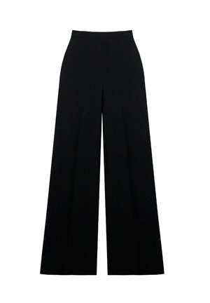 Pantalones de pierna ancha negros con una cintura alta, hechos de una tela suave y texturada. Presenta líneas limpias y sin patrones o herrajes visibles.