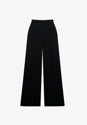 Pantalons larges noirs avec une taille haute, fabriqués à partir d'un tissu lisse et texturé. Présente des lignes épurées sans motifs ni accessoires visibles.