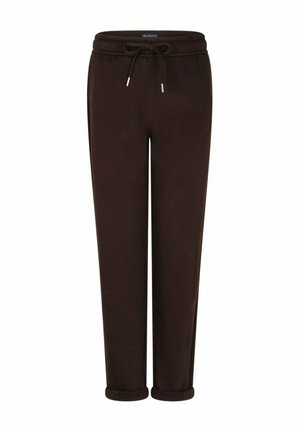 Donkerbruine casual broek met elastische taille en trekkoord, taps toelopende pijpen en opgerolde boorden.