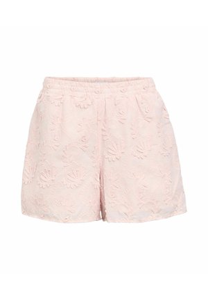 Shorts rose clair avec taille élastique, présentant un motif en dentelle florale en relief sur tout le tissu.