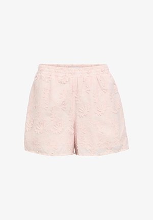 Svetloružové šortky s elastickým pásom, so zvýrazneným kvetinovým čipkovaným vzorom po celej látke.