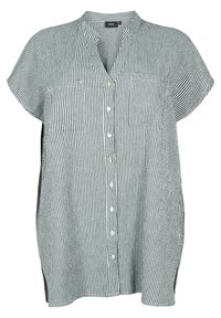 Button-up shirt in green and white striped fabric, basic collar, short sleeves, two chest pockets, and side slits at hem.