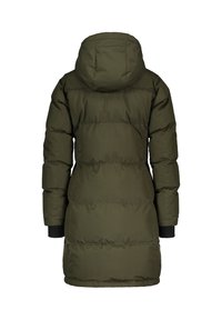 Lang, hettejakke med vatterte seksjoner i mørkegrønt. Har elastiske mansjetter og en lett innsvinget midje for en tettsittende silhuett.