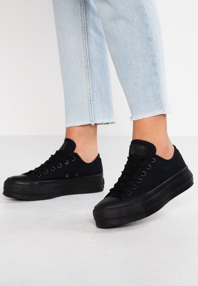 Personne portant un jean bleu clair coupé et des baskets basses en toile noire à semelles épaisses, debout sur un sol clair.