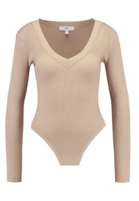 Beige geribbelde body met lange mouwen, V-hals en een strakke pasvorm. Gemaakt van een zachte stof met een gestructureerde afwerking.