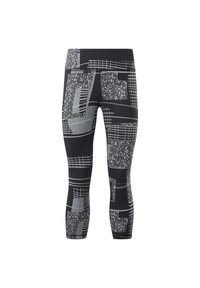 Legginsy w czarno-szary wzór w różne kształty geometryczne i tekstury, o dopasowanym kroju i wysokim pasie.