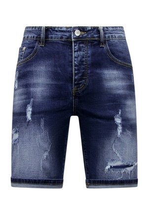 Denim shorts in donkerblauw met een vervaagde was, voorzien van versleten patches, vijf zakken en een knoopsluiting. De zoomlijn is recht.