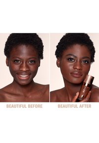Two portraits side by side show a woman with short curly hair. The left is bare-faced; the right features a smooth complexion with a bronzed finish, holding a product.