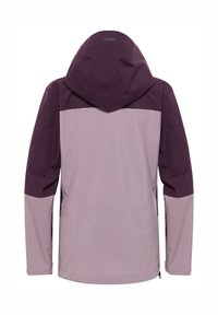 Giacca impermeabile viola e lavanda chiara con cappuccio, maniche lunghe e chiusura zip; texture liscia e pannelli di colore a contrasto.