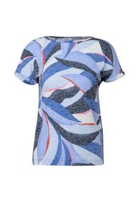 T-shirt de manga corta en algodón azul claro con patrones abstractos en azul marino, gris y rojo. Cuello redondo y corte relajado.