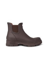 Botte en caoutchouc marron à la finition texturée, avec des panneaux latéraux élastiques et une semelle épaisse et mouchetée. Bout renforcé et languette à l'arrière.