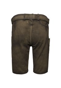 Shorts en cuir brun avec une taille élastique et un cordon de serrage, ainsi qu'une poche latérale. Texture lisse avec quelques signes d'usure.