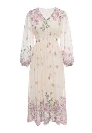 Lyse cremefarvet midi-kjole med lange gennemsigtige ærmer, elastisk talje, V-hals og lilla blomsterprint over det hele.
