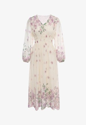 Lyse cremefarvet midi-kjole med lange gennemsigtige ærmer, elastisk talje, V-hals og lilla blomsterprint over det hele.