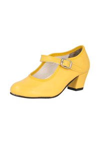 Zapato Mary Jane amarillo con tacón bajo y ancho, puntera redonda y tira ajustable con hebilla sobre fondo blanco.