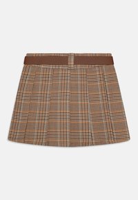 Brąskowa spódnica w kratę z brązowym pasem, z wyrazistym plisowanym fasonem i akcentami jasnoniebieskiego w wzorze. Wykonana z teksturowanej tkaniny.