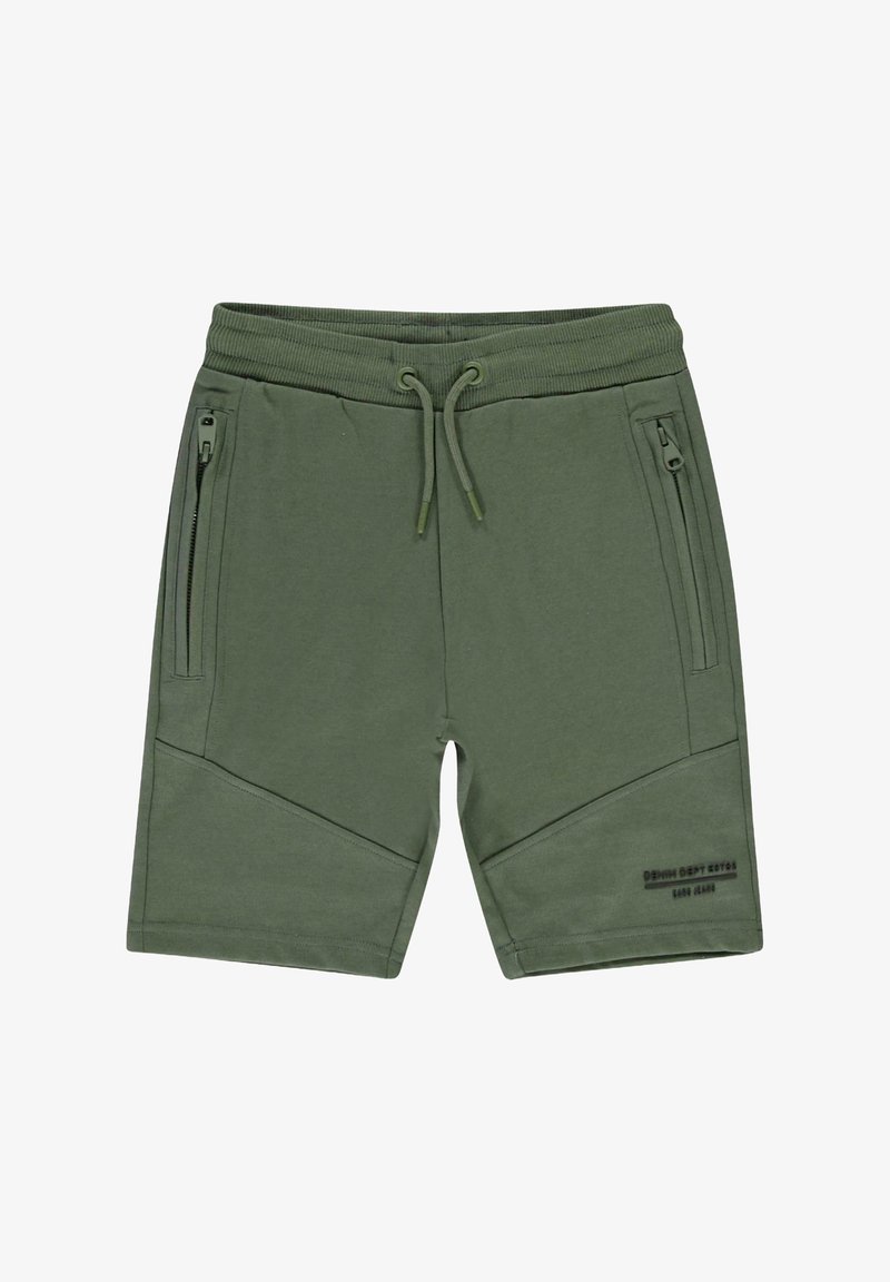 Groene sportieve shorts gemaakt van zachte stof, met twee zijzakken met rits, een elastische tailleband met trekkoord en hoekige ontwerpelementen.