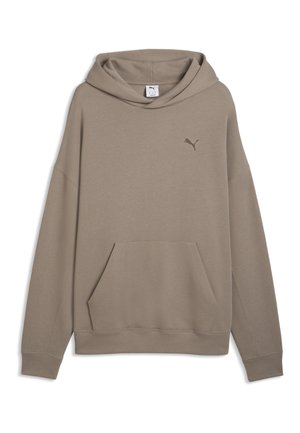 Sweat à capuche beige à manches longues, poche kangourou devant et petit logo Puma sur la poitrine gauche.