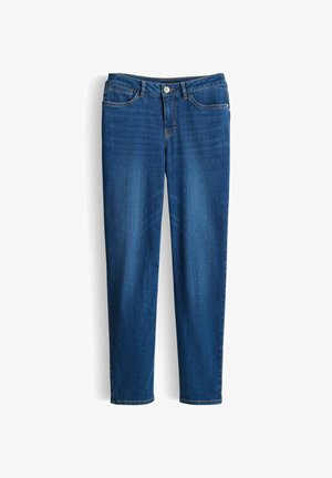 Jeans blu slim-fit con tasche frontali, passanti per la cintura, chiusura con bottone e leggero sbiadimento sulle cosce, presentati stesi su sfondo bianco.