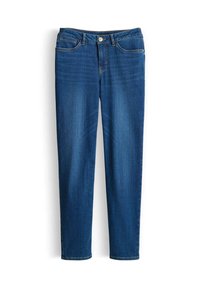 Jeans blu slim-fit con tasche frontali, passanti per la cintura, chiusura con bottone e leggero sbiadimento sulle cosce, presentati stesi su sfondo bianco.