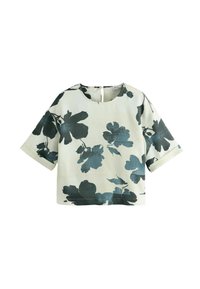 Kergelt rohelisest kangast lilleline blouse, millel on tumeroheline suurte lillede print, lühikesed sleeves ja ümmargune kaelus, millel on seljal lukuauk.