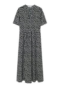 Vestido midi negro con mangas cortas, que presenta un patrón floral blanco y una cintura fruncida para una silueta fluida. Textura de tela suave.