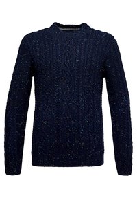 Granatowy sweter w warkoczowy wzór z długimi rękawami, teksturowanym wzorem i wielokolorowymi drobinkami. Okrągły dekolt i prążkowane wykończenie. 