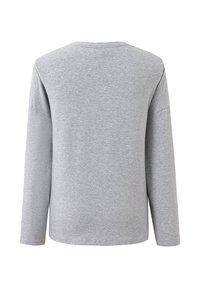 Langärmliges, hellgraues Shirt mit runder Ausschnittlinie, von hinten auf einem weißen Hintergrund gezeigt.