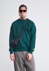 Dark green sweatshirt with crew neckline, featuring a gold accent on the cuff. Paired with black crossbody bag and sunglasses. Vertical corduroy pants.