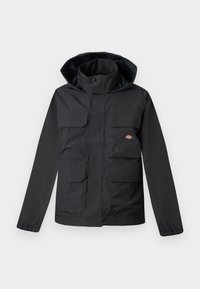 Black waterproof jacket with a hood, featuring four front pockets, a zip closure, and elastic cuffs. Smooth texture, functional design.
