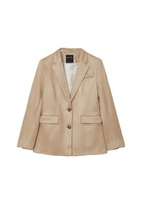 Blazer beige da donna con due bottoni, due tasche anteriori a patta, una tasca sul petto e colletto a punte, esposto su uno sfondo bianco.