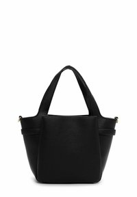 Černá kožená kabelka s texturovaným povrchem, dvěma krátkými uchy a strukturovaným tvarem. Obsahuje zlaté kovové detaily.