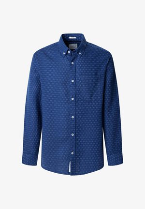 Langärmliges Hemd aus dunkelblauem Stoff mit einem strukturierten Muster. Verfügt über einen kragenlosen Ausschnitt, eine Knopfleiste und eine Brusttasche.