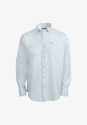 Camisa de manga larga a rayas azul claro con cuello abotonado, bolsillo en el pecho y logo bordado en azul claro en el bolsillo.